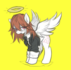 Size: 4004x3991 | Tagged: safe, artist:maretheory.exe, pegasus, pony, angel devil, anime, chainsaw man, clothes, expressionless face, halo, male, ponified, simple background, solo, yellow background