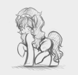 Size: 4028x3865 | Tagged: safe, artist:anonymous, artist:maretheory.exe, earth pony, pony, crown, drawthread, female, filly, foal, grayscale, high res, ico el caballito valiente, ico the brave little horse, jewelry, looking at you, monochrome, pencil drawing, preciosa, raised hooves, regalia, simple background, sketch, small version, solo, standing on two hooves, traditional art, white background