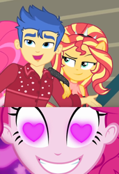 Size: 654x957 | Tagged: safe, edit, edited screencap, screencap, flash sentry, pinkie pie, sunset shimmer, cheer you on, coinky-dink world, equestria girls, g4, my little pony equestria girls: better together, my little pony equestria girls: summertime shorts, female, heart, heart eyes, male, meme, pinkie the shipper, pinkie's eyes, ship:flashimmer, shipping, straight, wingding eyes