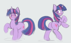 Size: 3712x2294 | Tagged: safe, artist:maretheory.exe, twilight sparkle, pony, unicorn, g4, butt, colored, cute, female, happy, horn, mare, plot, rearing, simple background, standing, standing on one leg, standing on two hooves, twiabetes, twibutt, unicorn twilight, white background