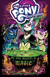 Size: 1500x2277 | Tagged: safe, artist:andy price, idw, official comic, princess cadance, princess celestia, princess luna, alicorn, pony, g4, official, alicorn triarchy, alternate hairstyle, book, bracelet, candle, cauldron, choker, comic cover, cover, cover art, ear piercing, earring, female, flower, halloween, hat, holiday, hood, hoof shoes, jack-o-lantern, jewelry, lidded eyes, looking at you, mare, my little pony logo, my little pony: friendship is spooky, piercing, poison, potion bottle, pumpkin, skull, spooky, staff, trio, trio female, witch, witch hat