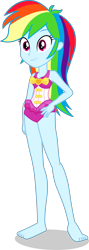 Size: 1460x4092 | Tagged: safe, alternate version, artist:dustinwatsongkx, rainbow dash, human, equestria girls, g4, attached skirt, bare arms, bare legs, bare shoulders, barefoot, blue skin, clothes, clothes swap, feet, female, grin, hand down, hand on hip, missing accessory, multicolored hair, one-piece swimsuit, pink eyes, pinkie pie swimsuit, rainbow hair, simple background, skirt, sleeveless, smiling, solo, swimsuit, swimsuit swap, transparent background, vector