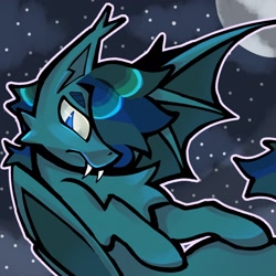 Size: 1280x1280 | Tagged: safe, artist:sharktempo, oc, oc only, bat pony, pony, bat pony oc, blue coat, fangs, moon, night, outdoors, outline, solo, stars, unamused, white outline