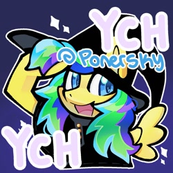 Size: 1280x1280 | Tagged: safe, artist:sharktempo, oc, oc only, pegasus, pony, commission, hat, open mouth, open smile, outline, smiling, solo, white outline, witch hat, ych result