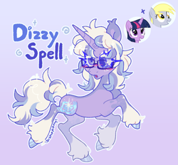 Size: 2153x1995 | Tagged: safe, artist:bishopony, derpy hooves, twilight sparkle, oc, oc:dizzy spell, pegasus, pony, unicorn, g4, bangs, blue eyelashes, blue hooves, blush scribble, blushing, cascading cutie mark, coat markings, colored eartips, colored eyelashes, colored hooves, colored pinnae, colored pupils, derp, ear tufts, emanata, eye clipping through hair, eye markings, female, female oc, freckles, fusion, fusion:derpy hooves, fusion:twilight sparkle, glasses, gradient background, hooves, horn, leg markings, long eyelashes, long horn, mare, mare oc, name, neck markings, open mouth, outline, pegasus oc, purple coat, purple eyes, purple text, shaggy mane, shaggy tail, shiny hooves, shiny mane, shiny tail, signature, socks (coat markings), solo, sparkles, sparkly mane, sparkly tail, standing, standing on one leg, swirls, tail, three quarter view, three toned mane, three toned tail, turned head, unicorn horn, unshorn fetlocks, white mane, white tail