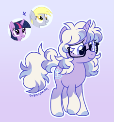 Size: 917x977 | Tagged: safe, artist:bishopony, derpy hooves, twilight sparkle, oc, oc:dizzy spell, pegasus, pony, unicorn, g4, bangs, blue eyelashes, blue hooves, coat markings, colored hooves, derp, ear tufts, eye clipping through hair, eye markings, eyelashes, female, female oc, fusion, fusion:derpy hooves, fusion:twilight sparkle, glasses, gradient background, hooves, horn, leg markings, mare, mare oc, neck markings, open mouth, outline, pegasus oc, purple coat, purple eyes, raised hoof, shaggy mane, shaggy tail, show accurate, signature, socks (coat markings), solo, standing on three hooves, tail, three quarter view, three toned mane, three toned tail, turned head, unicorn horn, unicorn oc, wall eyed, white mane, white tail