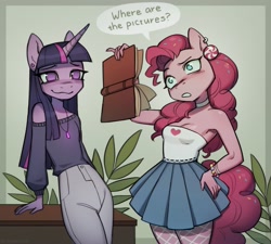 Size: 2943x2649 | Tagged: safe, artist:saturn cat, pinkie pie, twilight sparkle, earth pony, unicorn, anthro, g4, my little pony: friendship is magic, bare shoulders, book, border, bracelet, choker, clothes, confused, dialogue, duo, duo female, ear piercing, earring, female, fishnet clothing, fishnet stockings, high res, horn, indoors, jewelry, lesbian, mare, necklace, no pupils, off shoulder, off shoulder sweater, open book, pants, piercing, plant, ship:twinkie, shipping, signature, skirt, smiling, socks, speech bubble, sprinkles in hair, sprinkles in tail, stockings, sweater, tail, thigh highs