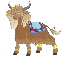 Size: 3250x3000 | Tagged: safe, artist:squishkitti, oc, oc only, yak, g4, adoptable, blonde hair, blonde tail, blue eyes, bracelet, brown hooves, cloven hooves, colored, colored hooves, colored horns, colored pinnae, crown, curved horns, dark muzzle, ear piercing, earring, eye clipping through hair, eyelashes, facial markings, female, flat colors, floppy ears, freckles, fur, gold jewelry, gradient coat, gradient hair, gradient muzzle, gradient tail, high res, hooves, horn, horn jewelry, horn markings, interspecies offspring, jewelry, looking back, magical gay spawn, no catchlights, non-pony oc, offspring, parent:prince blueblood, parent:prince rutherford, parents:rutherblood, piercing, regalia, simple background, smiling, solo, standing, striped hair, striped tail, tail, three quarter view, transparent background, yak oc