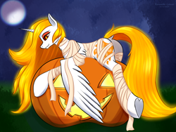 Size: 2000x1500 | Tagged: safe, artist:renarde-louve, daybreaker, alicorn, pony, g4, butt, daybutt, dock, female, long mane, long tail, lying down, mare, nightmare night, on pumpkin, outdoors, plot, pumpkin, solo, tail