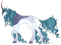 Size: 3750x2750 | Tagged: safe, artist:squishkitti, oc, oc only, oc:frozen rivers, kirin, g4, adoptable, cloven hooves, coat markings, colored, colored eyebrows, colored fetlocks, colored hooves, concave belly, curved horn, dappled, eyebrows, eyebrows visible through hair, fit, flat colors, frown, gray coat, gray hooves, high res, hooves, horn, interspecies offspring, kirin oc, leonine tail, long fetlocks, long horn, long mane, long tail, looking back, no catchlights, offspring, parent:rain shine, parent:shining armor, profile, raised hoof, raised leg, red eyes, signature, silver coat, simple background, slender, solo, tail, teal mane, teal tail, thin, transparent background, underhoof, walking