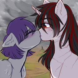 Size: 4000x4000 | Tagged: safe, artist:alienz_tea, oc, oc only, oc:blackjack, oc:morning glory (project horizons), pegasus, pony, unicorn, fallout equestria, fallout equestria: project horizons, absurd resolution, blushing, ear fluff, eye clipping through hair, eyebrows, eyebrows visible through hair, fanfic art, female, female oc, floppy ears, gloryjack, horn, kissing, lesbian, mare, mare oc, oc x oc, outdoors, pegasus oc, shipping, unicorn oc