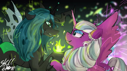 Size: 3840x2160 | Tagged: safe, artist:skullfroggy, opaline arcana, queen chrysalis, alicorn, changeling, changeling queen, pony, g4, g5, 4k, commission, duo, duo female, female, fire, green fire, grin, height difference, high res, looking at each other, looking at someone, mare, signature, smiling, spread wings, wings