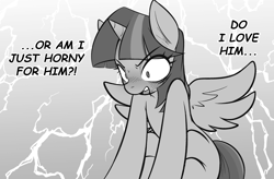 Size: 3479x2279 | Tagged: safe, artist:maretheory.exe, twilight sparkle, alicorn, g4, angry, blushing, female, grayscale, mare, monochrome, sitting, thinking, twilight sparkle (alicorn)