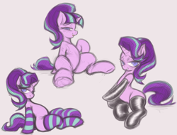 Size: 3827x2912 | Tagged: safe, artist:maretheory.exe, starlight glimmer, pony, unicorn, g4, bedroom eyes, belly, clothes, female, horn, latex, latex socks, mare, round belly, s5 starlight, seductive look, seductive pose, simple background, socks, spread legs, spreading, striped socks, stupid sexy starlight glimmer, white background