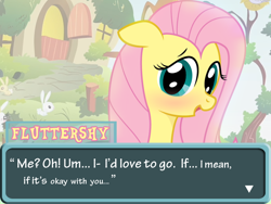 Size: 720x540 | Tagged: safe, artist:why485, angel bunny, fluttershy, pegasus, pony, g4, blushing, dating sim, outdoors, text