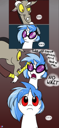 Size: 1000x2128 | Tagged: safe, artist:valcron, edit, discord, dj pon-3, vinyl scratch, draconequus, pony, unicorn, g4, cropped, cute, female, horn, male, mare, red eyes, speech bubble, vinyl's glasses