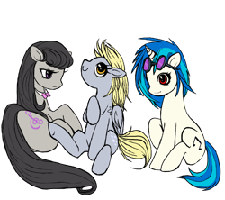 Size: 1284x1142 | Tagged: source needed, safe, artist:imsolittle, derpy hooves, dj pon-3, octavia melody, vinyl scratch, earth pony, pegasus, unicorn, g4, bowtie, female, horn, simple background, sitting, transparent background, trio, trio female, vinyl's glasses