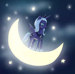 Size: 373x365 | Tagged: dead source, safe, artist:crazy-hybrid94, princess luna, alicorn, pony, g4, crescent moon, crying, horn, jewelry, moon, outdoors, regalia, solo, spread wings, tangible heavenly object, wings