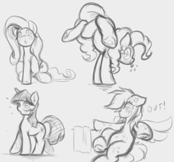 Size: 5639x5224 | Tagged: safe, artist:maretheory.exe, fluttershy, pinkie pie, rainbow dash, twilight sparkle, earth pony, pegasus, unicorn, g4, angry, female, grayscale, horn, legs in air, mare, monochrome, sketch, surprised, tongue out, towel, wet