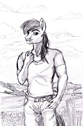 Size: 2177x3281 | Tagged: safe, artist:ciaran, derpibooru exclusive, big macintosh, earth pony, anthro, g4, belt, clothes, cloud, fence, field, flower, hill, looking at you, male, monochrome, outdoors, pants, pen drawing, shirt, smiling, solo, t-shirt, traditional art, tree, white background