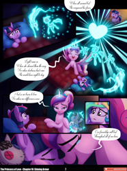 Size: 3540x4757 | Tagged: safe, artist:lummh, artist:whitequartztheartist, princess cadance, princess celestia, shining armor, smarty pants, twilight sparkle, alicorn, pony, unicorn, comic:the princess of love, g4, absurd resolution, comic, crown, crying, doll, female, filly, filly twilight sparkle, foal, heart, horn, jewelry, magic, male, mare, mirror, regalia, singing, speech bubble, stallion, tears of joy, teen princess cadance, toy, unicorn twilight, younger