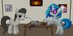 Size: 1792x896 | Tagged: safe, artist:zonra, dj pon-3, octavia melody, vinyl scratch, oc, earth pony, pony, unicorn, g4, 2011, fanfic, horn, microphone, old art, radio show, vinyl's glasses