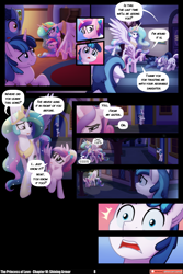 Size: 3540x5309 | Tagged: safe, artist:lummh, artist:whitequartztheartist, night light, princess cadance, princess celestia, shining armor, twilight velvet, alicorn, pony, unicorn, comic:the princess of love, g4, absurd resolution, comic, crown, crying, female, hoof shoes, horn, jewelry, male, mare, peytral, princess shoes, regalia, sparkles, sparkly mane, sparkly tail, speech bubble, stallion, tail, teen princess cadance, younger