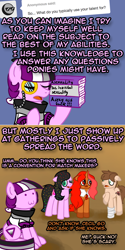 Size: 800x1602 | Tagged: safe, artist:thedragenda, oc, oc only, oc:ace, oc:cecil, oc:petal, oc:romancedy, earth pony, pony, unicorn, ask-acepony, book, female, hat, horn, male, mare, monocle, stallion, top hat