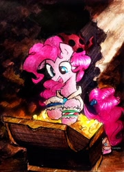 Size: 1484x2048 | Tagged: safe, artist:liaaqila, pinkie pie, earth pony, pony, g4, bandana, clothes, coin, commission, cute, diapinkes, female, gold, mare, open mouth, pirate, pirate pinkie pie, shirt, solo, traditional art, treasure chest, vest