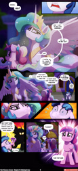 Size: 1280x2792 | Tagged: safe, artist:lummh, artist:whitequartztheartist, princess cadance, princess celestia, shining armor, alicorn, pony, unicorn, comic:the princess of love, g4, colt, colt shining armor, comic, crown, female, hoof shoes, horn, jewelry, male, mare, outdoors, peytral, princess shoes, regalia, ship:shiningcadance, shipping, speech bubble, stallion, straight, teen princess cadance, younger