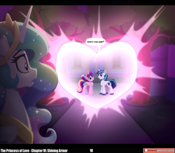 Size: 3540x3104 | Tagged: safe, artist:lummh, artist:whitequartztheartist, princess cadance, princess celestia, shining armor, alicorn, pegasus, pony, unicorn, comic:the princess of love, g4, colt, colt shining armor, crown, female, heart, high res, horn, jewelry, male, mare, peytral, power of love, regalia, ship:shiningcadance, shipping, speech bubble, stallion, straight, teen princess cadance, younger