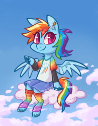 Size: 1323x1700 | Tagged: safe, artist:kazunekomori, rainbow dash, pegasus, semi-anthro, g4, beanbrows, clothes, cloud, cute, cute little fangs, ear piercing, earring, eyebrows, eyebrows visible through hair, fangs, female, jewelry, layered shirt, leg warmers, lightly watermarked, looking at you, mare, neck fluff, on a cloud, outdoors, piercing, ponytail, rainbow leg warmers, shirt, shorts, sitting, sitting on a cloud, solo, spread wings, t-shirt, unshorn fetlocks, watermark, wings