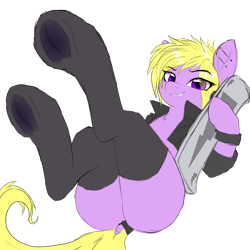 Size: 1000x1000 | Tagged: safe, artist:soff, oc, oc only, oc:silver flank, earth pony, pony, butt, clothes, dock, dock piercing, ear piercing, earth pony oc, jacket, piercing, pink coat, plot, purple eyes, simple background, skateboard, solo, stockings, tail, tail piercing, thigh highs, transparent background, underhoof, wristband, yellow mane