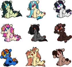 Size: 3652x3379 | Tagged: safe, artist:sexygoatgod, oc, oc only, unnamed oc, pony, unicorn, :o, adoptable, blaze (coat marking), blue eyes, brown eyes, chibi, coat markings, colored horn, colored underhoof, facial markings, female, floppy ears, freckles, gradient horn, grin, group, hair over one eye, heterochromia, horn, looking at you, magenta eyes, male, mare, mismatched hooves, not wallflower blush, open mouth, pale belly, pigtails, purple eyes, red and black oc, red eyes, round ears, simple background, sitting, smiling, stallion, tongue out, transparent background, twintails, underh, unicorn oc, yellow eyes