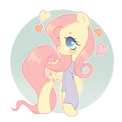 Size: 2000x2000 | Tagged: safe, artist:dreamyveon_, fluttershy, pegasus, pony, g4, blue pupils, blush sticker, blushing, circle background, clothes, colored pupils, cute, female, folded wings, heart, heart ears, looking back, mare, nose blush, scarf, shyabetes, smiling, solo, turned head, wings