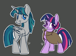 Size: 2253x1668 | Tagged: safe, artist:ladictadora, stygian, twilight sparkle, alicorn, pony, unicorn, g4, alicornified, alternate universe, cloak, clothes, dark background, duo, duo male and female, female, gray background, horn, male, mare, race swap, role reversal, simple background, stallion, stygicorn, unicorn twilight