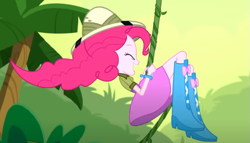 Size: 699x399 | Tagged: safe, screencap, pinkie pie, human, equestria girls, g4, my little pony equestria girls: summertime shorts, the canterlot movie club, athletic, boots, clothes, cropped, eyes closed, female, forest, hat, high heel boots, jungle, nature, outdoors, pith helmet, shoes, short sleeves, side view, skirt, solo, swinging, tree, vine, windswept hair