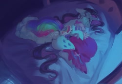 Size: 2048x1407 | Tagged: safe, artist:piesinful, rarity, pony, unicorn, comic:unlucky day, fanfic:cupcakes, g4, bed, butt, clothes, crying, dress, female, floppy ears, gala dress, horn, in bed, indoors, lying down, makeup, mare, on side, plot, rearity, running makeup, solo