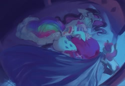 Size: 2048x1407 | Tagged: safe, alternate version, artist:piesinful, rarity, sweetie belle, pony, unicorn, comic:unlucky day, fanfic:cupcakes, g4, bed, belle sisters, butt, clothes, crying, cute, dress, duo, duo female, female, filly, floppy ears, foal, gala dress, horn, in bed, indoors, lying down, makeup, mare, mascarity, on side, plot, rearity, running makeup, sad, sadorable, sibling love, siblings, sisterly love, sisters, tucking in