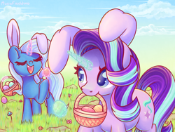 Size: 1600x1200 | Tagged: safe, artist:wavecipher, starlight glimmer, trixie, pony, unicorn, g4, basket, bunny ears, cloud, duo, duo female, easter, easter basket, easter egg, egg, eyes closed, female, glowing, glowing horn, grass, holiday, horn, levitation, magic, magic aura, mare, mouth hold, open mouth, outdoors, raised hoof, sky, tail, telekinesis