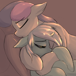 Size: 1293x1311 | Tagged: safe, artist:candel, bon bon, lyra heartstrings, sweetie drops, earth pony, pony, unicorn, g4, bags under eyes, comforting, cuddling, eyes closed, female, horn, hug, lesbian, mare, sad, ship:lyrabon, shipping