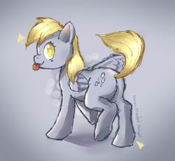 Size: 1106x1018 | Tagged: safe, artist:warmbloodedstar, derpy hooves, pegasus, pony, g4, :p, bubble butt, butt, cute, derpabetes, gradient background, looking at you, looking back, looking back at you, plot, solo, tongue out