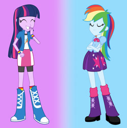 Size: 1280x1287 | Tagged: artist needed, source needed, safe, rainbow dash, twilight sparkle, human, equestria girls, g4, boots, clothes, clothes swap, compression shorts, equestria girls outfit, jacket, rainbow dash's skirt, rainbow socks, shirt, shoes, skirt, sneakers, socks, striped socks, twilight sparkle's skirt, vest, wristband