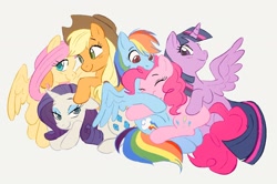 Size: 2048x1361 | Tagged: safe, artist:waackery, applejack, fluttershy, pinkie pie, rainbow dash, rarity, twilight sparkle, alicorn, earth pony, pegasus, pony, unicorn, g4, applejack's hat, backwards cutie mark, cowboy hat, eyes closed, female, group, group hug, hairband, hat, horn, hug, lesbian, lidded eyes, mane six, mare, omniship, partially open wings, polyamory, pony pile, sextet, shipping, smiling, spread wings, twilight sparkle (alicorn), wings