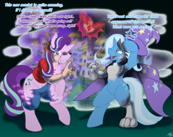 Size: 3823x3025 | Tagged: safe, artist:catmonkshiro, starlight glimmer, trixie, oc, oc:virmir, human, pony, unicorn, g4, alicorn amulet, dialogue, disappearing clothes, duo, furry, furry to pony, high res, horn, human to pony, portal, transformation