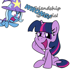 Size: 900x900 | Tagged: safe, artist:unitxxvii, trixie, twilight sparkle, pony, unicorn, boast busters, g4, my little pony: friendship is magic, dialogue, duo, duo female, female, frown, mare, open mouth, open smile, simple background, smiling, unicorn twilight, waving, waving at you, white background