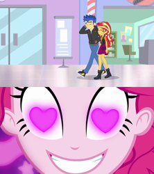 Size: 1280x1440 | Tagged: safe, edit, edited screencap, screencap, flash sentry, pinkie pie, sunset shimmer, human, coinky-dink world, do it for the ponygram!, equestria girls, g4, my little pony equestria girls: better together, my little pony equestria girls: summertime shorts, female, heart, heart eyes, male, mall, meme, pinkie the shipper, pinkie's eyes, ship:flashimmer, shipping, smiling, straight, wingding eyes