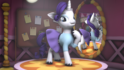 Size: 3840x2160 | Tagged: safe, artist:~stuffguy123, part of a set, rarity, pony, unicorn, g4, 3d, carousel boutique, clothes, dock, dress, equestria girls outfit, hoof on chest, horn, indoors, looking at you, mirror, source filmmaker, spotlight, tail, unshorn fetlocks