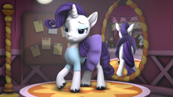 Size: 3840x2160 | Tagged: safe, artist:~stuffguy123, part of a set, rarity, pony, unicorn, g4, 3d, carousel boutique, clothes, dress, equestria girls outfit, horn, indoors, looking at you, mirror, pouting, pouty lips, source filmmaker, spotlight, strategically covered, unshorn fetlocks