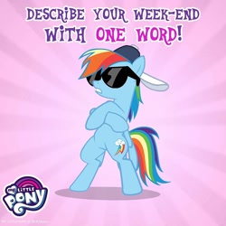 Size: 1080x1080 | Tagged: safe, gameloft, rainbow dash, pegasus, pony, g4, adventure in the comments, bipedal, cap, female, hat, mare, my little pony logo, solo, sunglasses